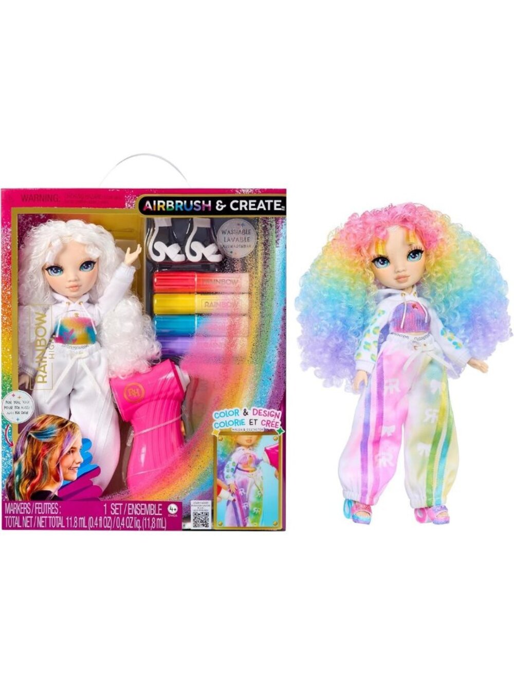 DIY Fashion Doll Airbrush Kit with Washable Rainbow Markers, Long Hair & Green